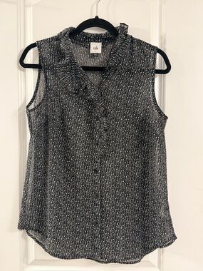 CAbi Black Music Academia Printed Sleeveless Ruffle Collar Blouse (s)